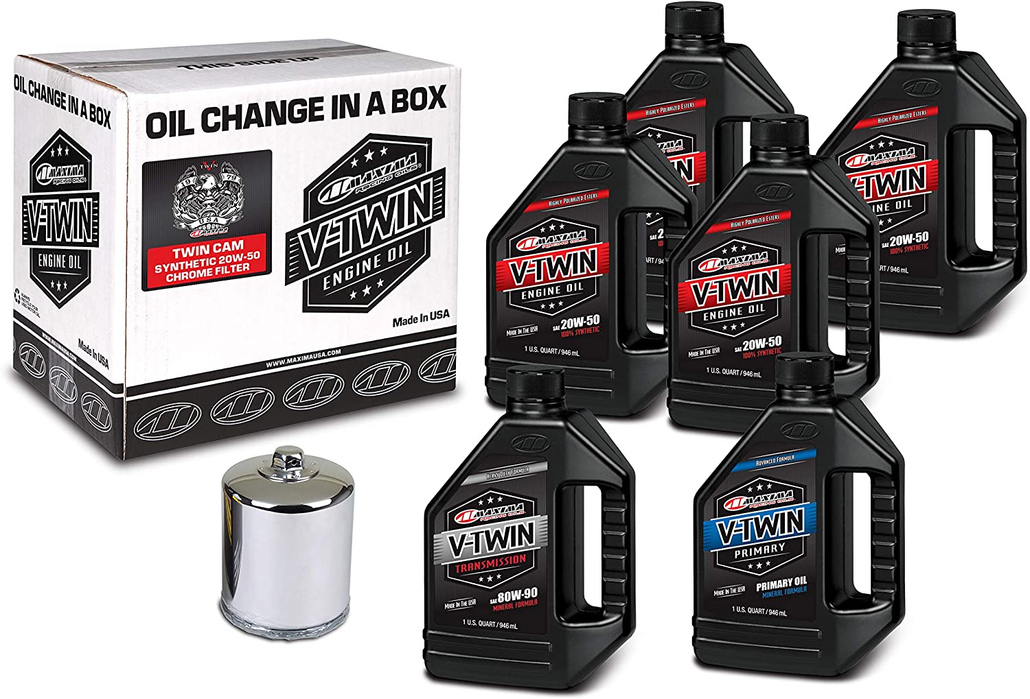 Maxima Racing Oils 90-119016C Chrome 90-119016C Twin Cam Synthetic 20W-50 Chrome Filter Complete Oil Change Kit, 6 Quart